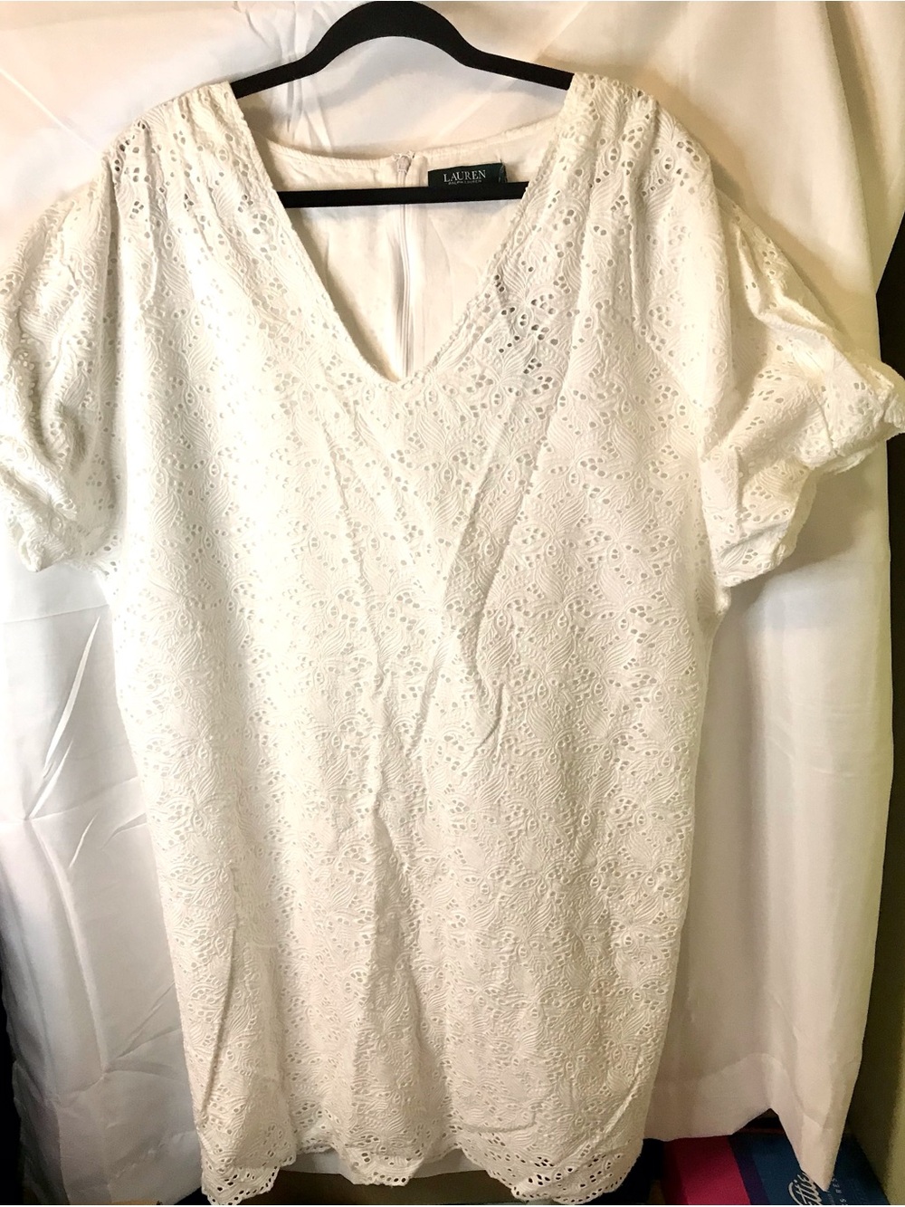 Lauren Ralph Lauren White Eyelet Lace V-Neck Scalloped Hem Dress 16 NWT